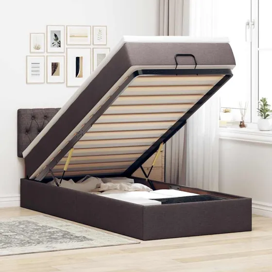 vidaXL ottoman seng 90x200 cm mørkebrun med madras & LEDs