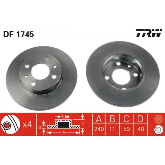 TRW Bremseskive DF1745, sort, 241 mm, for FORD, FIAT, ALFA ROMEO