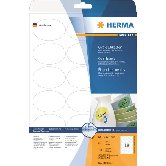 HERMA Special Oval Etiketter 63,5 x 42,3 mm, 450 stk