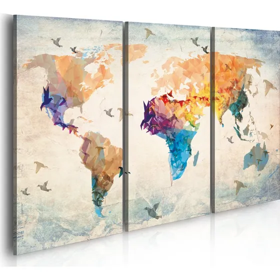 ARTGEIST Free as a bird - Geometrisk verdenskort med fugle, 3-delt, 90x60 cm