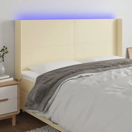 vidaXL Sengegavl med LED-lys 183x16x118/128 cm cremefarvet