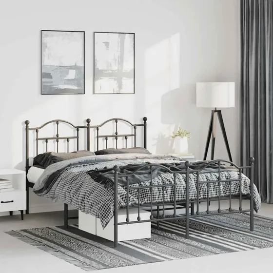 vidaXL Sengeramme 150x200 cm metal sort med sengegavl og fodgærde