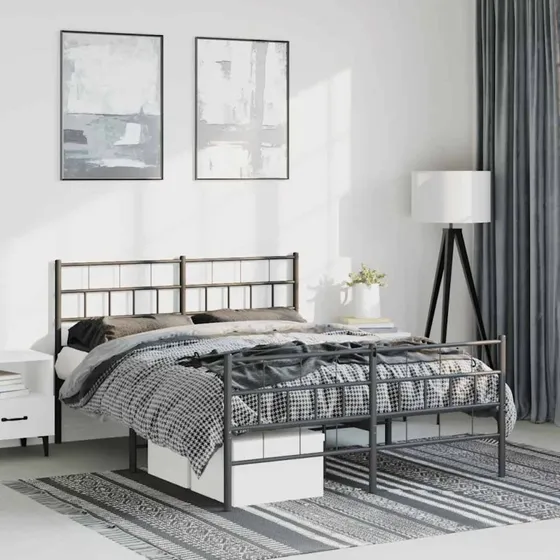 vidaXL Sengeramme 135x190 cm metal sort med sengegavl og fodgærde