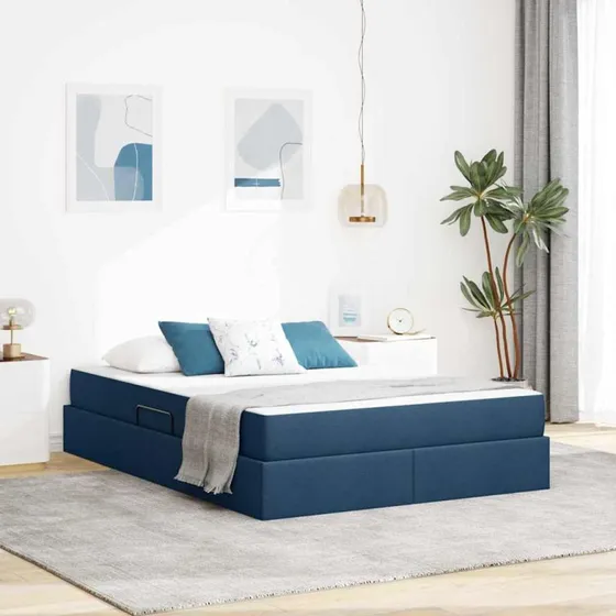 vidaXL Seng med opbevaring, blå 140 x 190 cm, polyestermadras