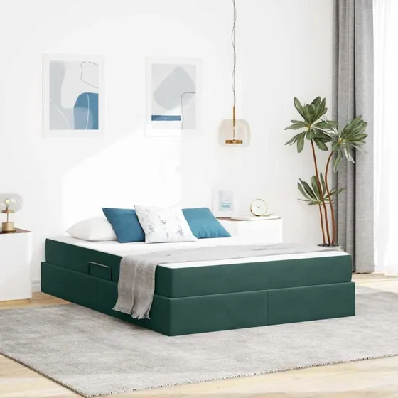 vidaXL Seng med opbevaring, mørkegrøn 140 x 200 cm, fløjl