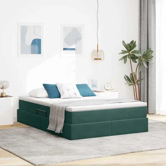 vidaXL Seng med opbevaring, mørkegrøn 140 x 200 cm, fløjl
