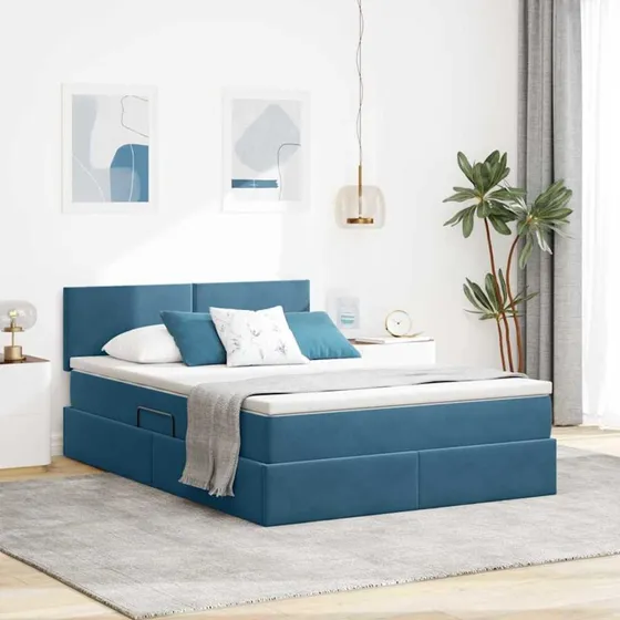 vidaXL Opbevaringsseng med madras Mørk blå 140x200 cm Fløjl