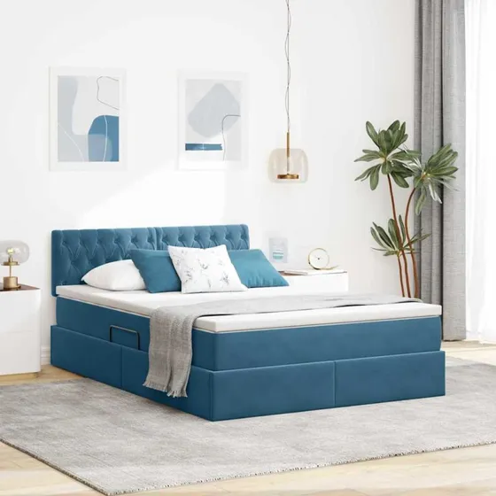 vidaXL Opbevaringsseng Mørk Blå 140 x 200 cm med Fløjlsoverflade