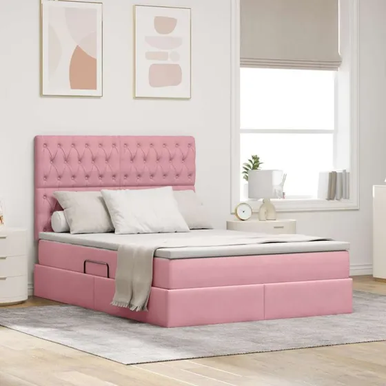vidaXL LED-opbevaringsseng Lyserød 140x200 cm med fløjl