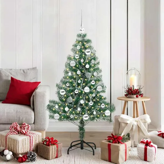 vidaXL Kunstigt Juletræ 150 cm Snebelagt med LED-Lys Grøn/Hvid