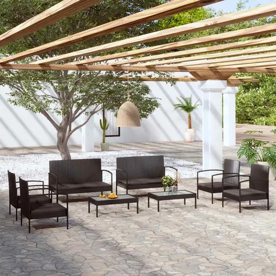 vidaXL 8-delssæt polyrattan sort med hynder