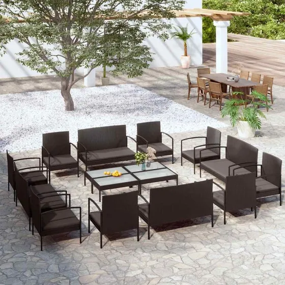 vidaXL 16-deligt loungesæt med hynder i polyrattan, sort