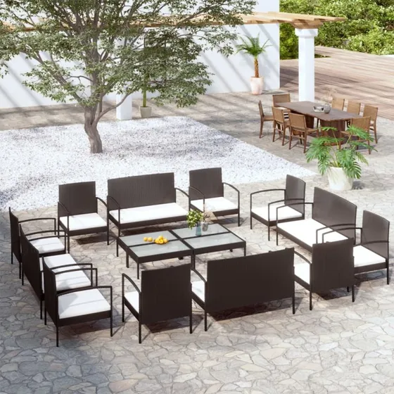 vidaXL 16-delssæt polyrattan sort med hynder