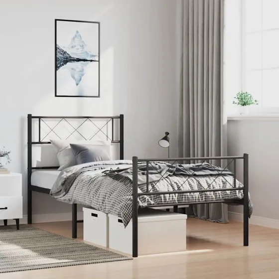 vidaXL Sengeramme 100x190 cm metal sort med sengegavl og fodgærde