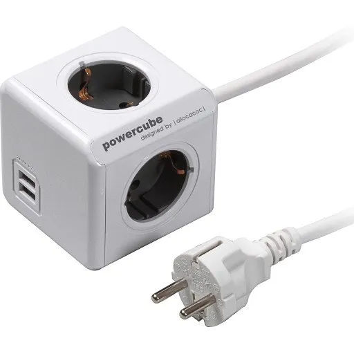 PowerCube 4 udtag med dobbelt USB-A, grå, 1,5 m ledning