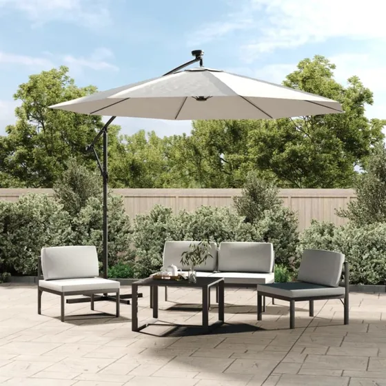 vidaXL Hængeparasol 300 cm med LED-belysning, sandfarvet metalstang
