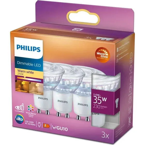 Philips LED Spot 2,6W WarmGlow Dæmpbar 3-pak GU10