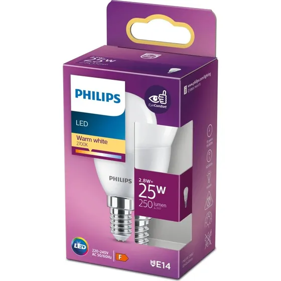Philips LED Pære 2,8W P45 E14 Mat WW