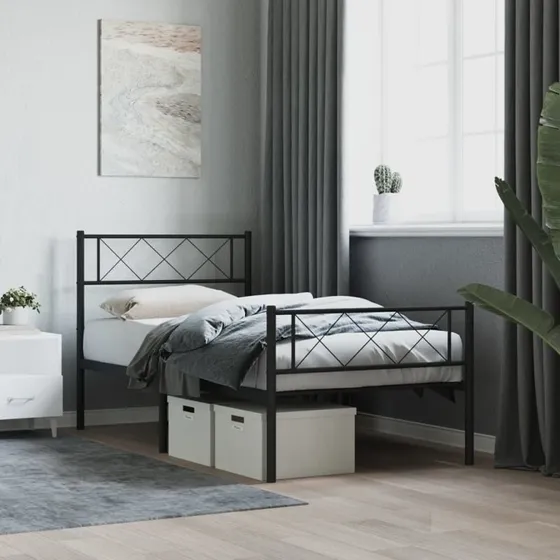 vidaXL Sengeramme 90x200 cm metal sort med sengegavl og fodgærde