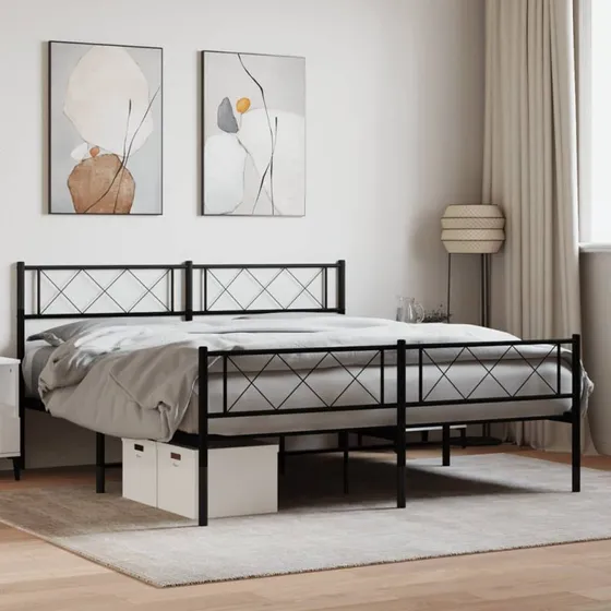vidaXL sengeramme 140x200 cm metal sort med gavl og fodgærde