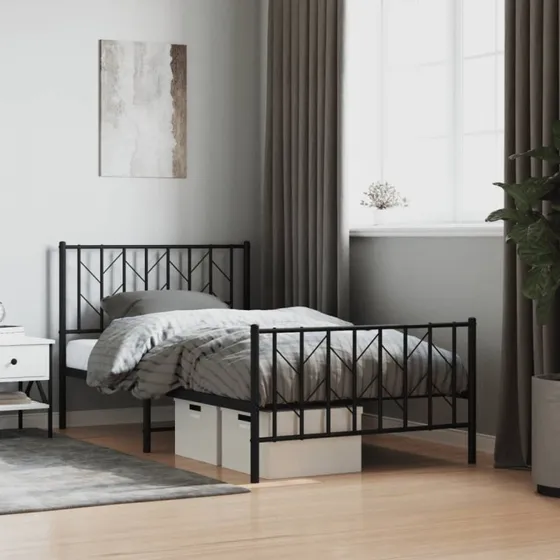 vidaXL Sengeramme 100x190 cm metal sort med sengegavl og fodgærde