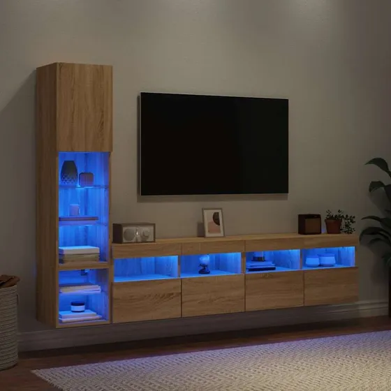 vidaXL Væg-TV-møbel 4 dele med LED-lys, Sonoma-eg