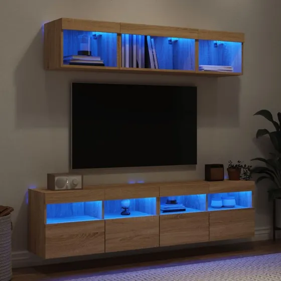 vidaXL TV-møbel til væg 5 dele med LED-lys, konstrueret træ, sonoma-eg