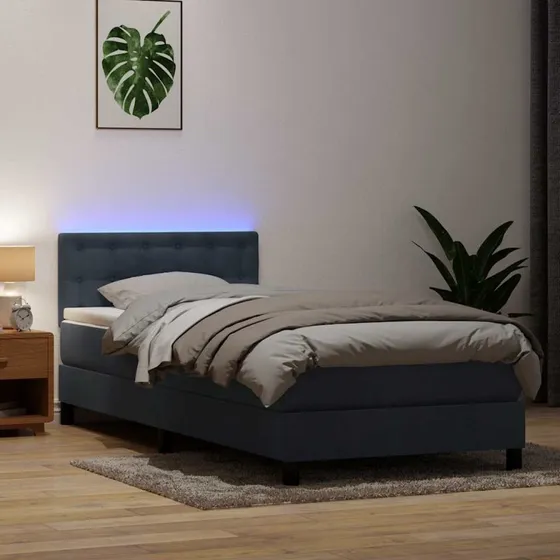 vidaXL Kontinentalseng 90x220 cm mørkegrå fløjl med LED-lys og pocketfjedremadras