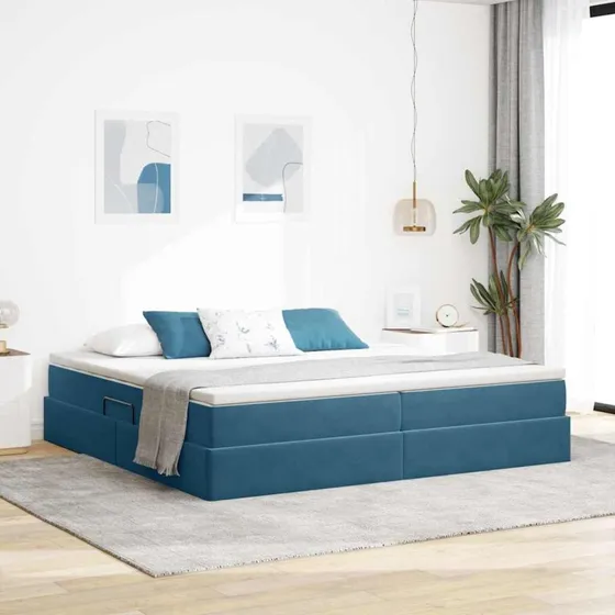 vidaXL Seng med opbevaring, mørk blå, 200 x 200 cm, fløjl