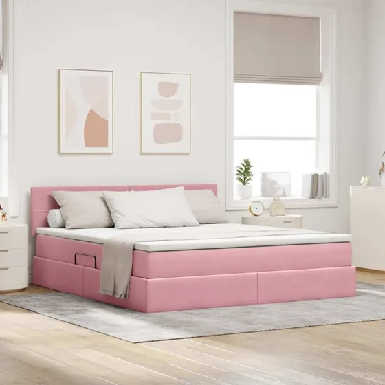 vidaXL Opbevaringsseng med madras Lyserød 180x200 cm Fløjl