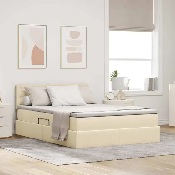 vidaXL LED-opbevaringsseng med madras, Creme, 140 x 200 cm