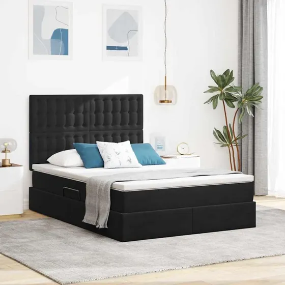 vidaXL LED Opbevaringsseng med Madras, Sort 140 x 190 cm, Fløjl
