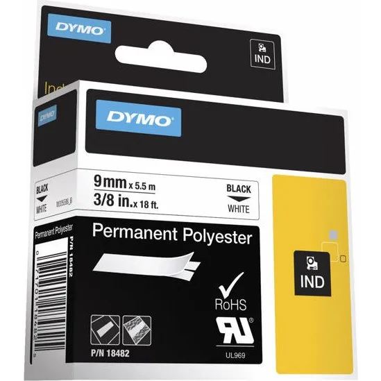 Dymo Rhino Permanent Vinyl Tape 9 mm, Sort/Hvid, 16 m