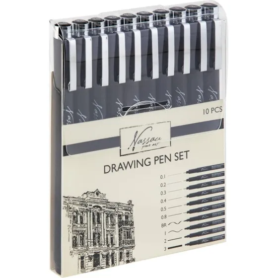 Nassau Fineliners Sæt 10 stk, 0,1–0,3 mm, Sort