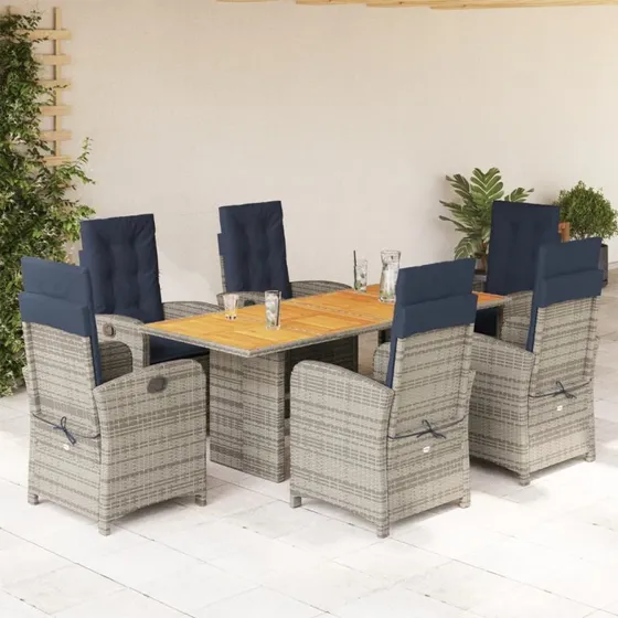 vidaXL 7-delers spisebordssæt med hynder i polyrattan beige