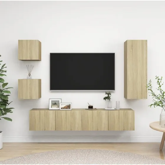 vidaXL tv-skabssæt 5 dele konstrueret træ sonoma-eg, 90 cm