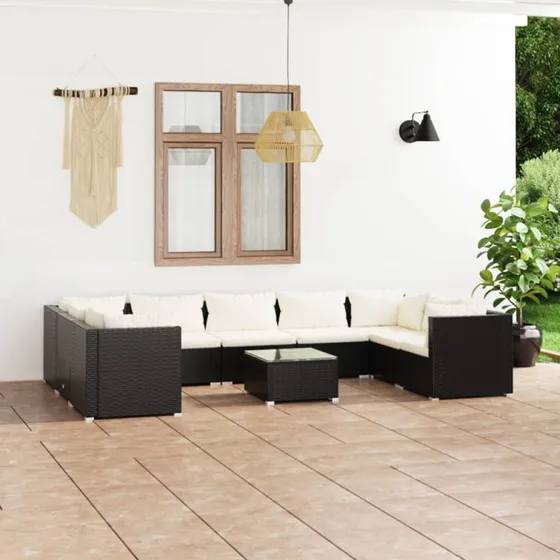 vidaXL 10-deligt loungesæt med hynder i polyrattan sort