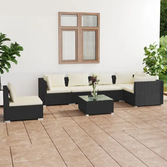 vidaXL 7-deligt loungesæt med hynder, polyrattan sort