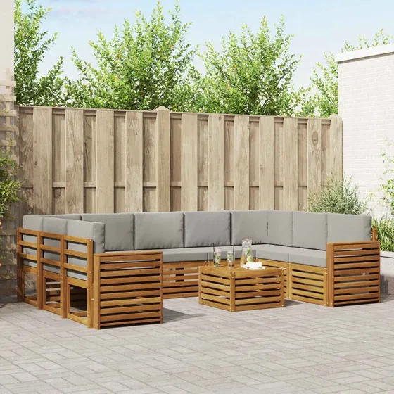 vidaXL Sofasæt 10 del, Naturlig & Lys Grå, Massivt Akacietræ