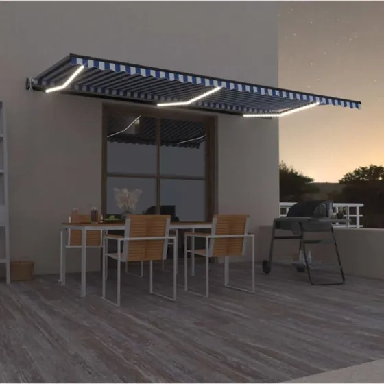 vidaXL Markise 600x350 cm automatisk med LED og vindsensor, blå og hvid