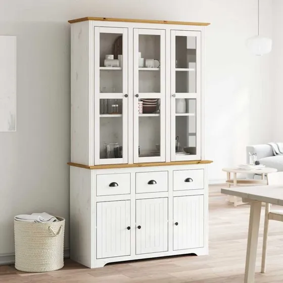 vidaXL Skænk BODO 115,5x43x200,5 cm massivt fyrretræ hvid og brun