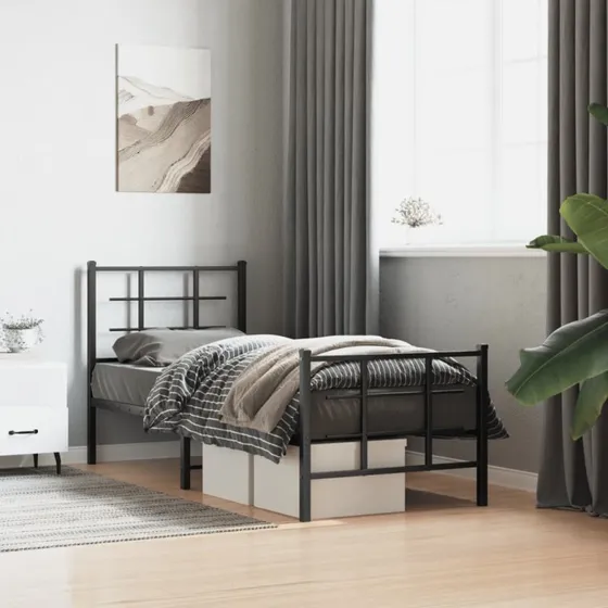 vidaXL Sengeramme 75x190 cm metal sort med gavl og fodgærde