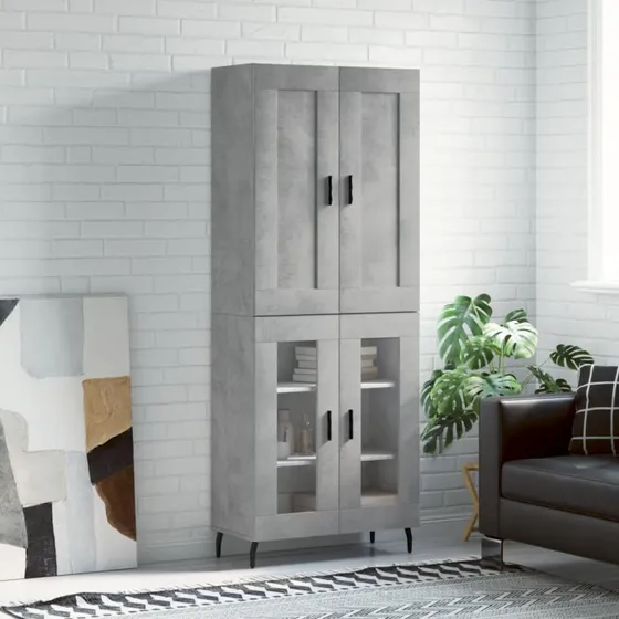 vidaXL Højskab 69,5x34x180 cm Konstrueret Træ Betongrå, 2 Glaslåger