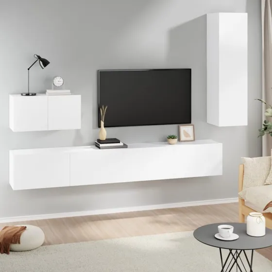 Tv-Skabssæt 4 Dele Hvid Konstrueret Træ 90 cm