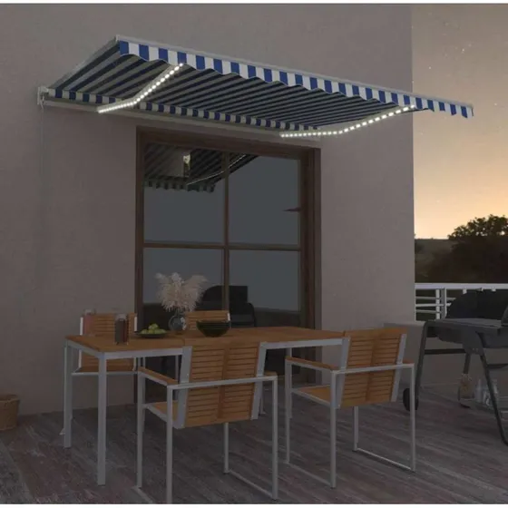 vidaXL Markise 450x350 cm automatisk med LED og vindsensor, blå og hvid