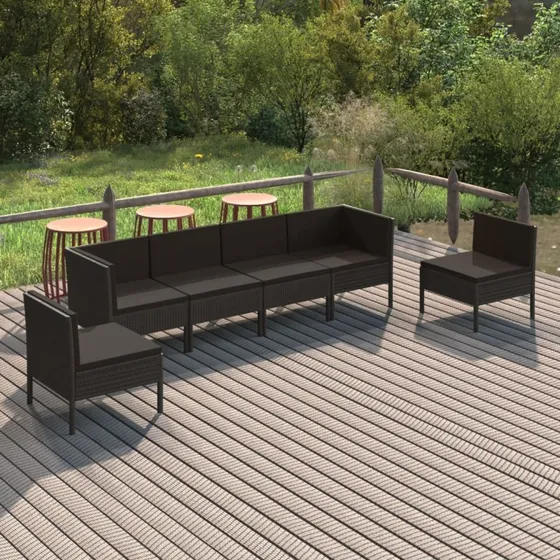 vidaXL 6-delssæt med polyrattan og hynder, sort