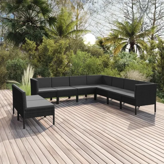 vidaXL 9-delers loungesæt med hynder, polyrattan, sort