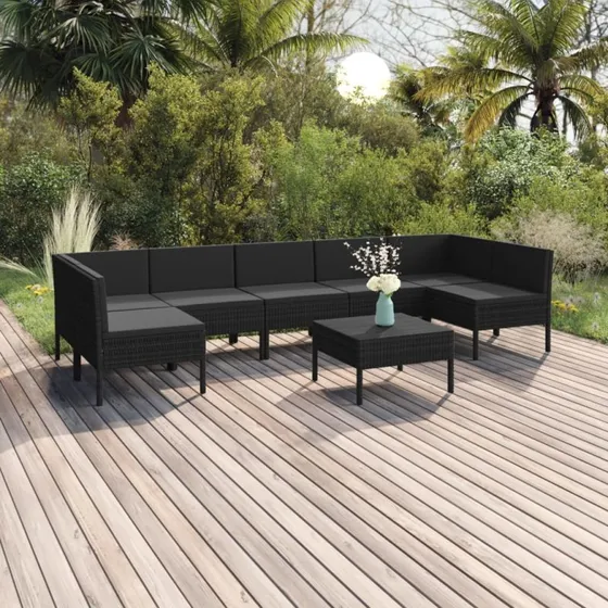 vidaXL 8-delssæt med polyrattan og hynder, sort