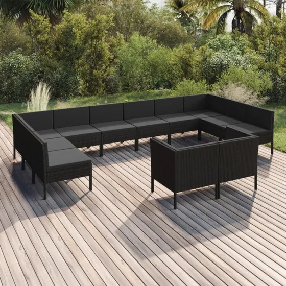vidaXL 12-deligt loungesæt polyrattan sort med hynder