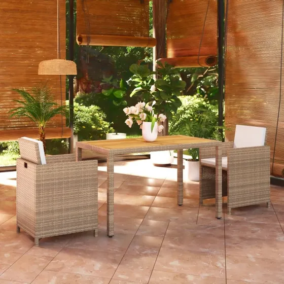 vidaXL 3-deligt spisebordssæt med hynder i polyrattan, beige